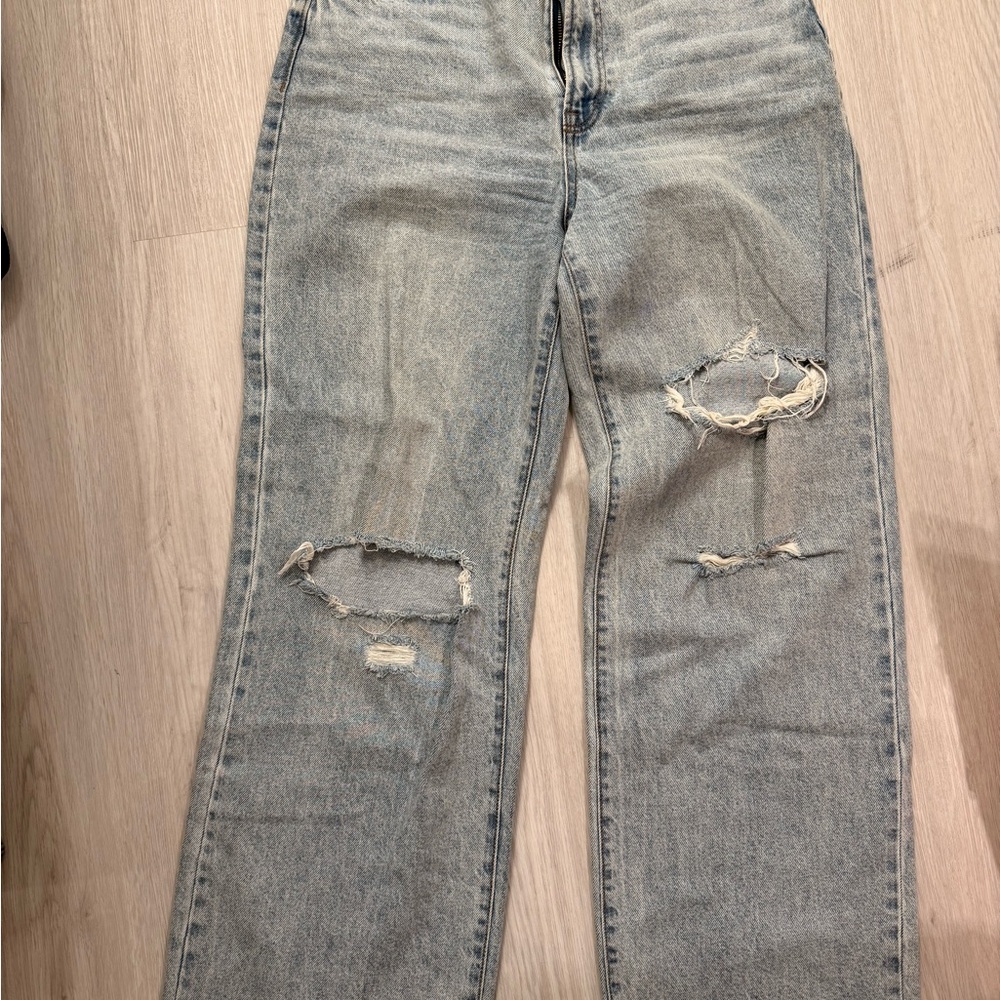 Distressed Stone Wash Blue Wide Leg Jeans